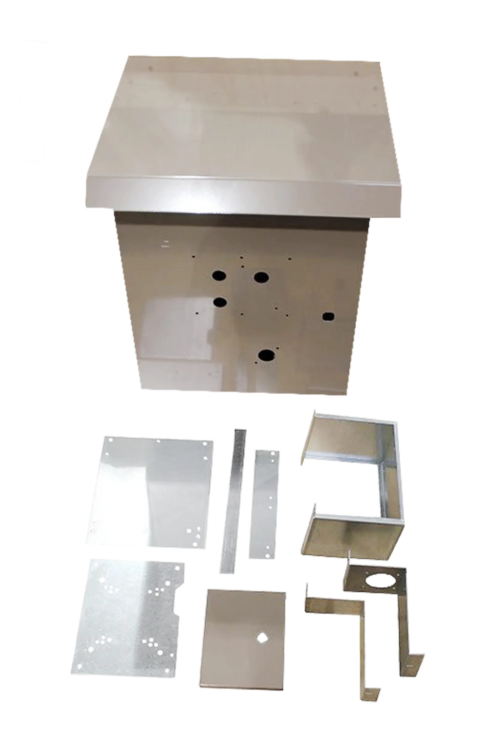 Tall fabricated enclosure assembly on the SPM production floor.