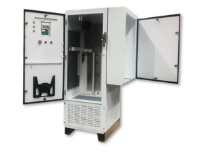Field control cabinet with doors open, showing the fabricated enclosure body, mounting panels, and cooling package.